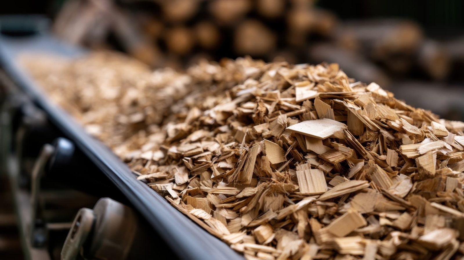Copeaux de bois sur un convoyeur, récupérés comme combustible biomasse